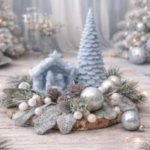 Centrotavola rotondo su piatto di legno con candele a forma di presepe e abete colore polvere