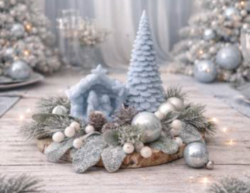 Centrotavola rotondo su piatto di legno con candele a forma di presepe e abete colore polvere