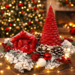 Centrotavola rotondo su piatto di legno con candele a forma di presepe e abete colore rosso
