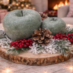 Centrotavola rotondo su piatto di legno con candele a forma di mela verde