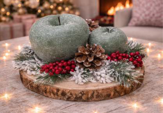 Centrotavola rotondo su piatto di legno con candele a forma di mela verde